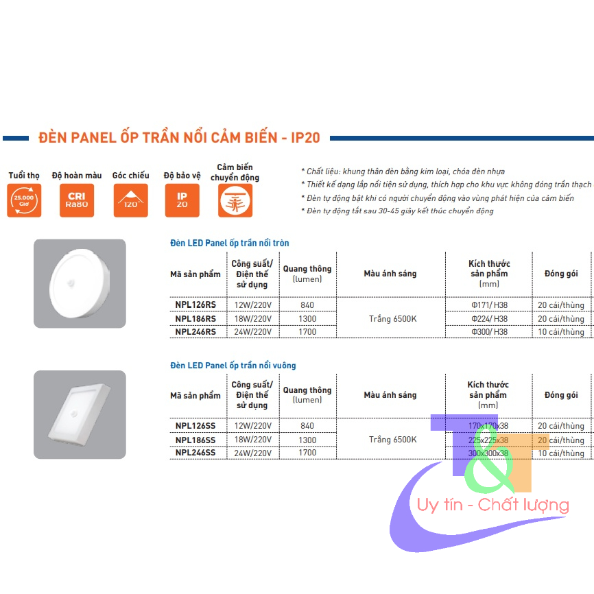 ĐÈN PANEL ỐP TRẦN NỔI CẢM BIẾN - IP20 TRÒN, VUÔNG HÃNG NANOCO
