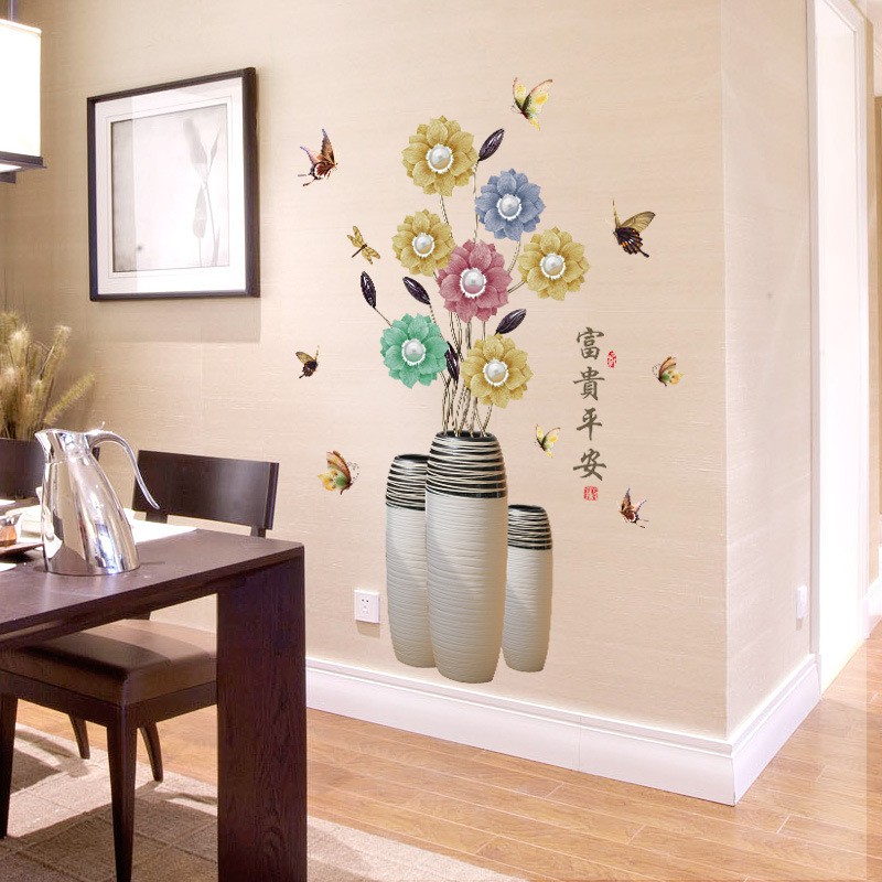 Tranh dán tường phong cách thanh lịch, Decal bình hoa đẹp, Tranh 3D trang trí phòng khách