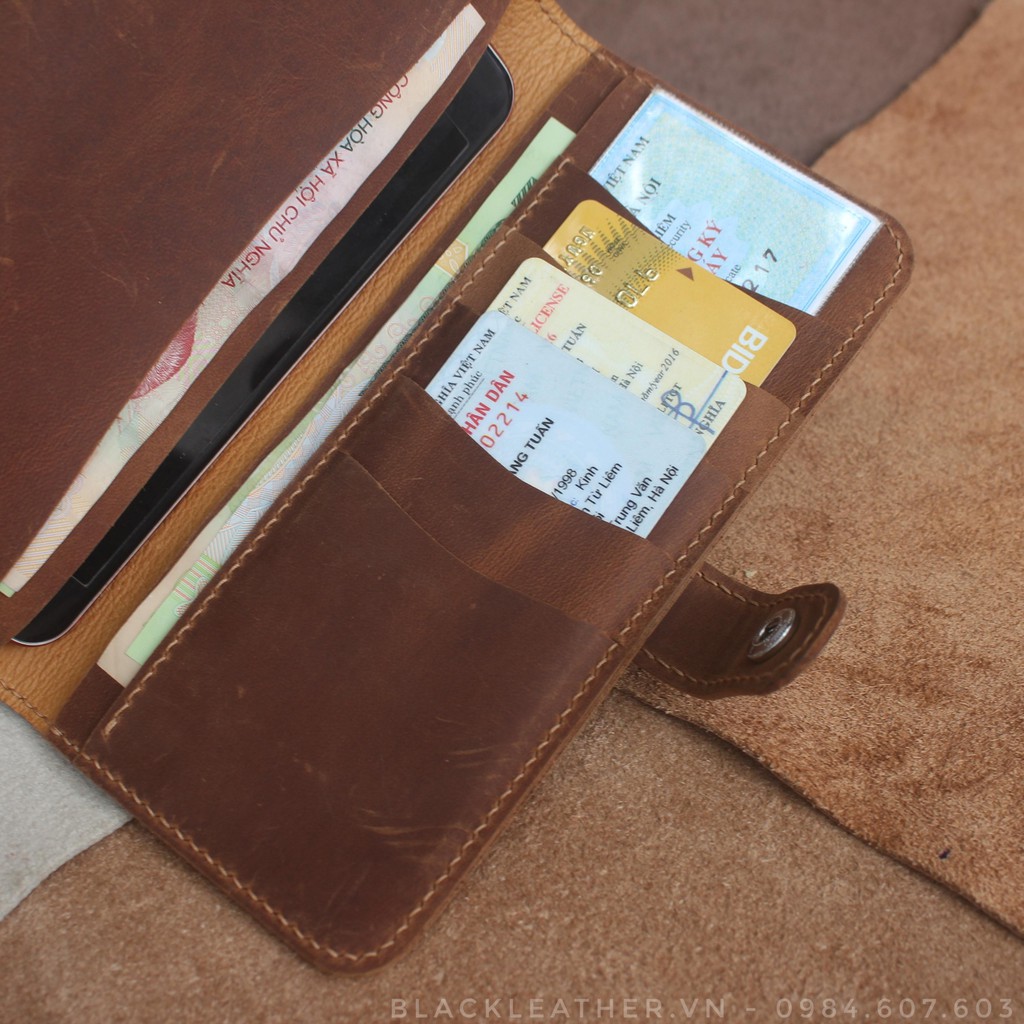 Ví dài da bò sáp  Handmade Tặng Kèm Móc khóa da
