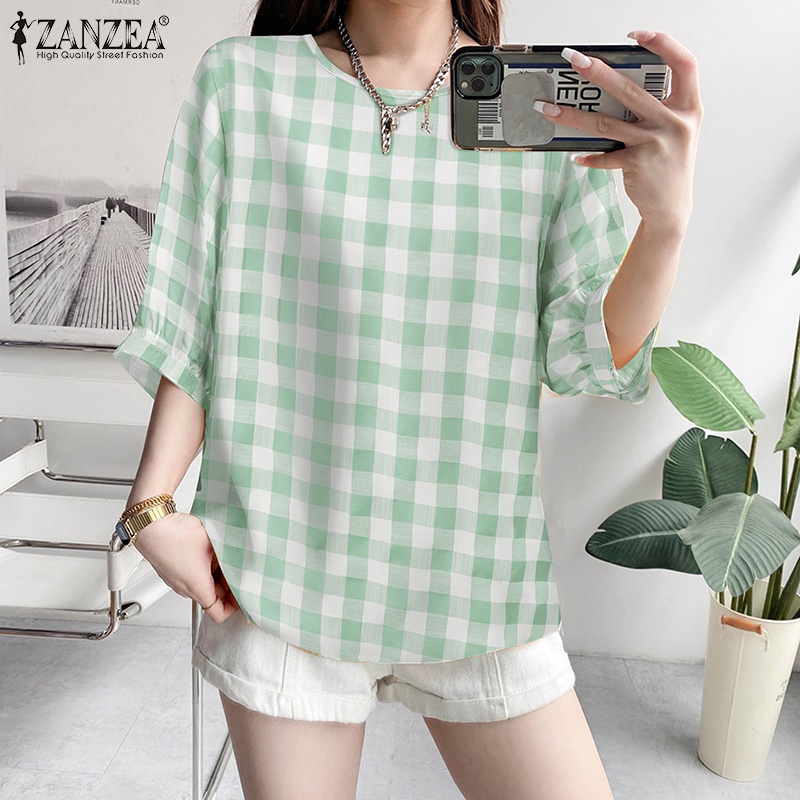 Zanzea Áo Kiểu Tay Lỡ 3 / 4 Họa Tiết Ca Rô Phong Cách Hàn Quốc Dành Cho Nữ