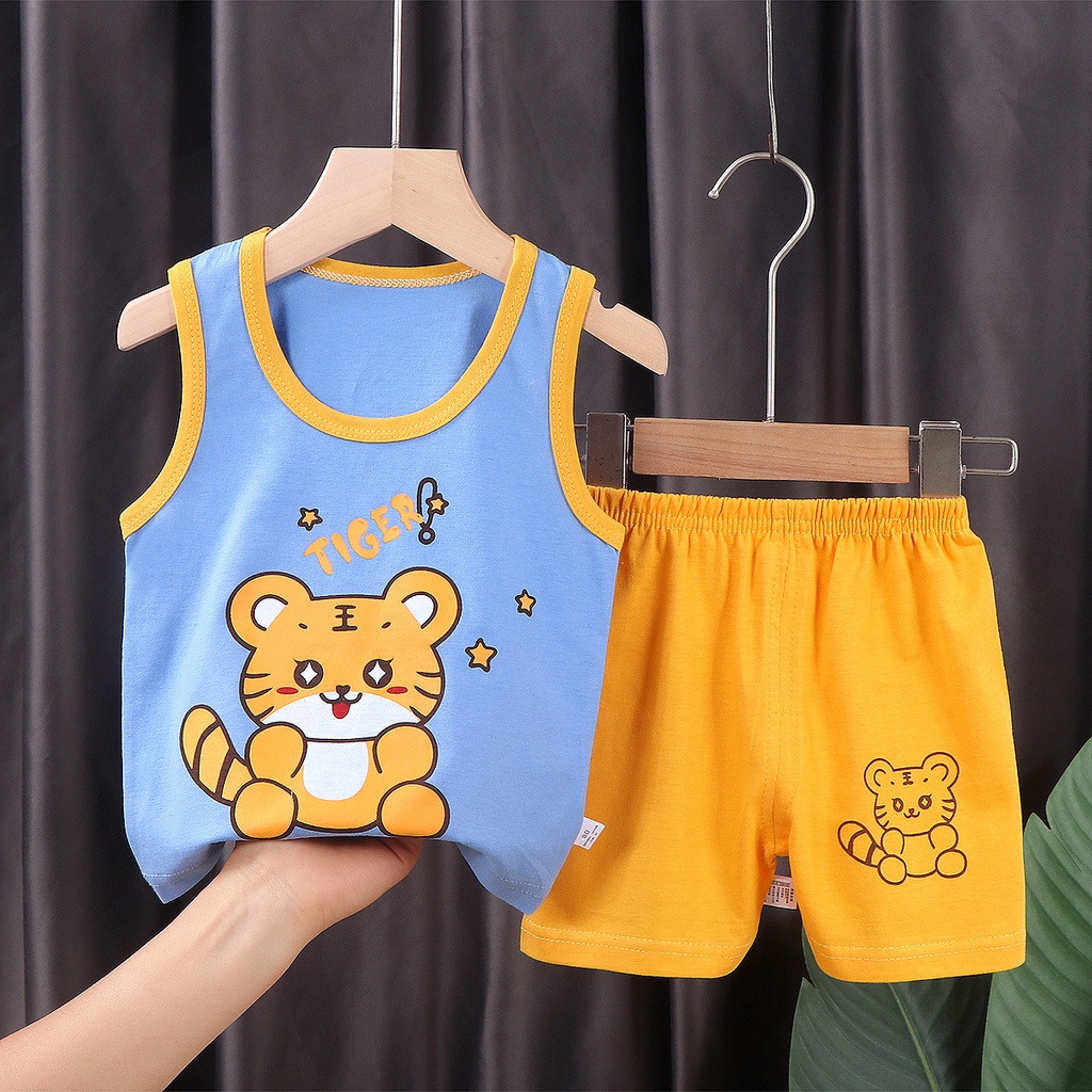 Set áo sát nách + quần short vải cotton thoáng khí phong cách Hàn Quốc cho bé