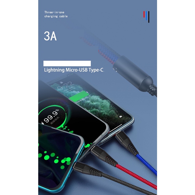 Cáp sạc 3 đầu dài 1m2, dòng sạc 5A (S185)