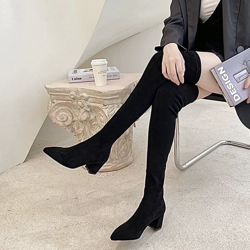 Bốt đùi da lộn nữ YIMI gót vuông 6 phân có khóa kéo sau