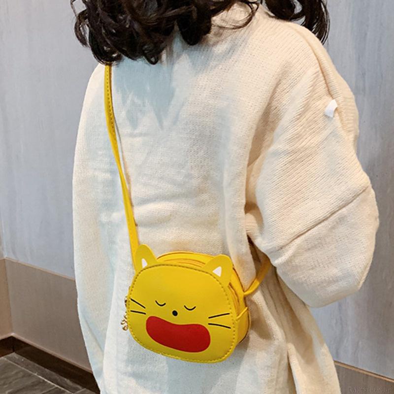 Túi đeo chéo da PU in họa tiết mèo hoạt hình dễ thương thời trang cho bé
