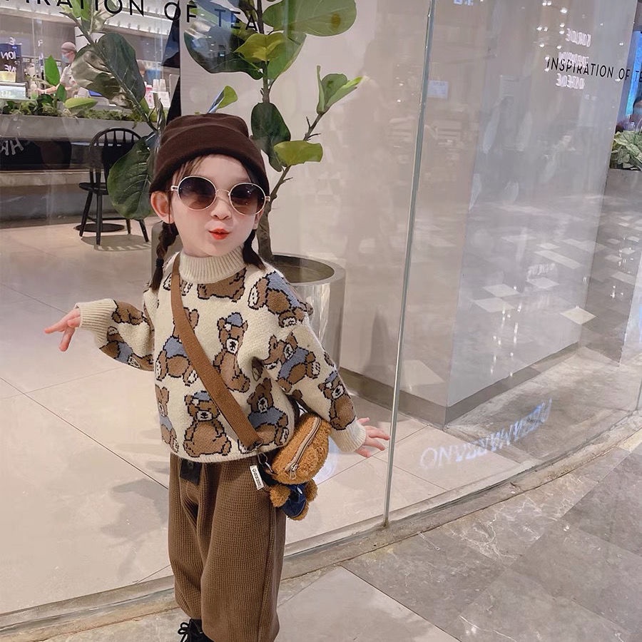 Áo len cổ tròn họa tiết hoạt hình phong cách cổ điển thời trang thu đông 2021 dành cho bé gái