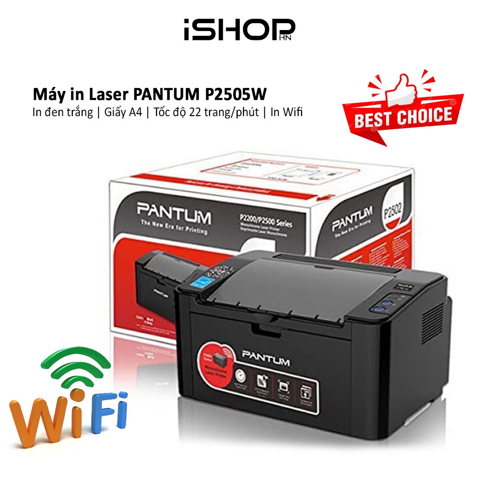Máy in Laser PANTUM P2505W, in qua mạng Wifi, đen trắng, khổ giấy A4, tốc độ 22 trang/phút