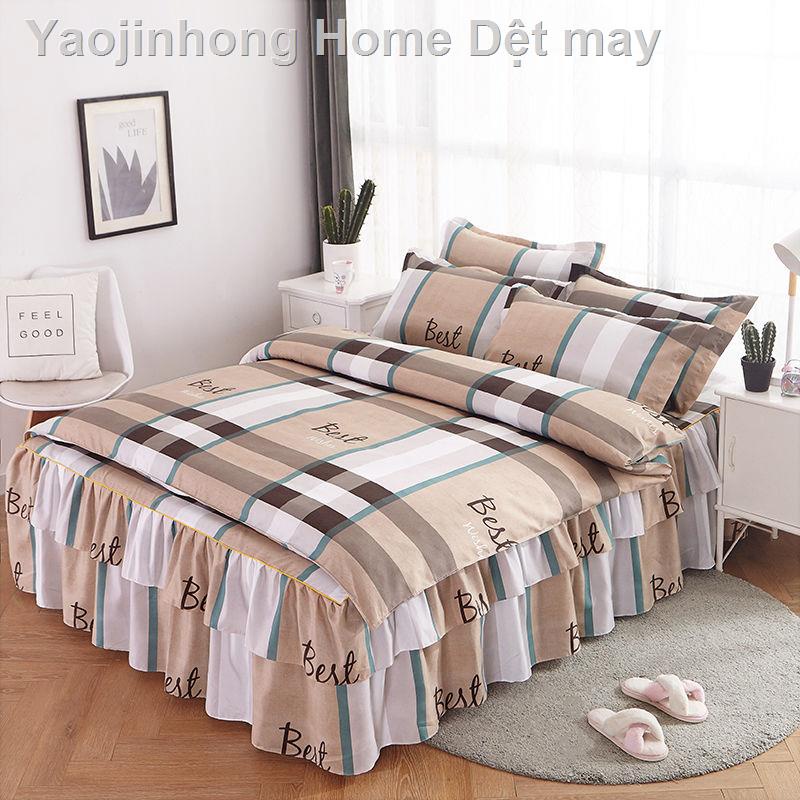 ◈✆✉Váy ngủ phong cách Hàn Quốc và khăn trải giường cotton chà nhám thân thiện với da bốn mảnh phong cách công chúa lô hộ