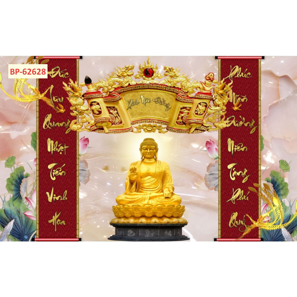 Tranh 3d dán tường bằng vải lụa cao cấp vị trí ban thờ, bàn thờ gia tiên có câu đối cân xứng 2 bên