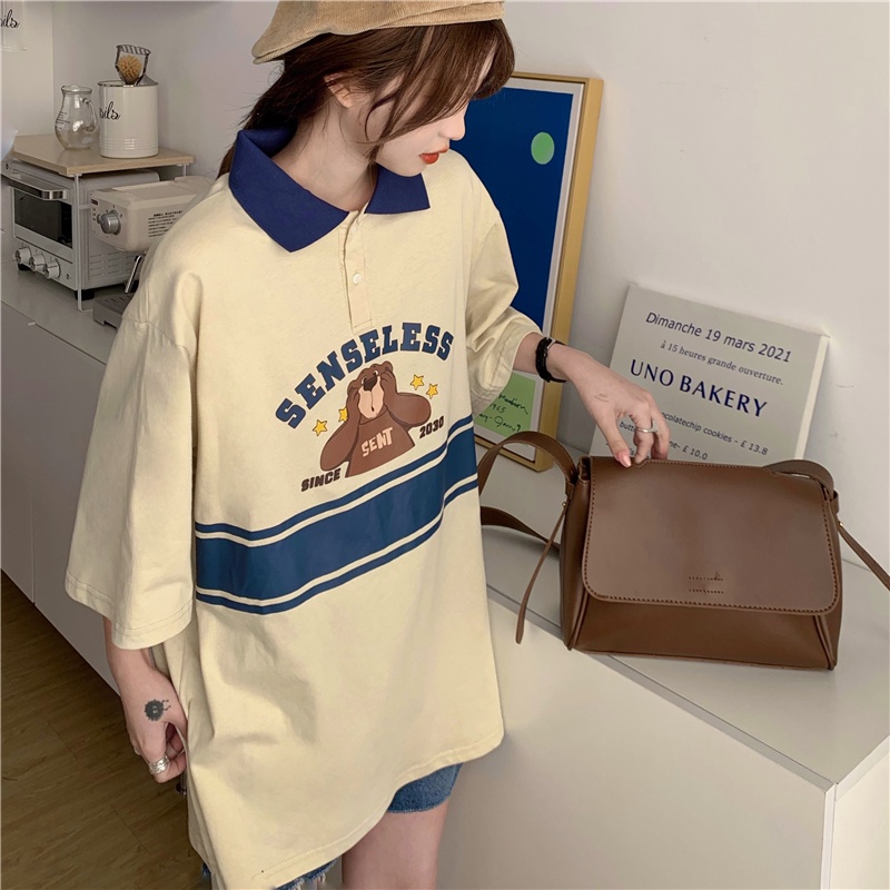 Áo polo Ngắn Tay Dáng Rộng In Hoạt Hình Gấu Kiểu Retro Cá Tính Cho Nữ