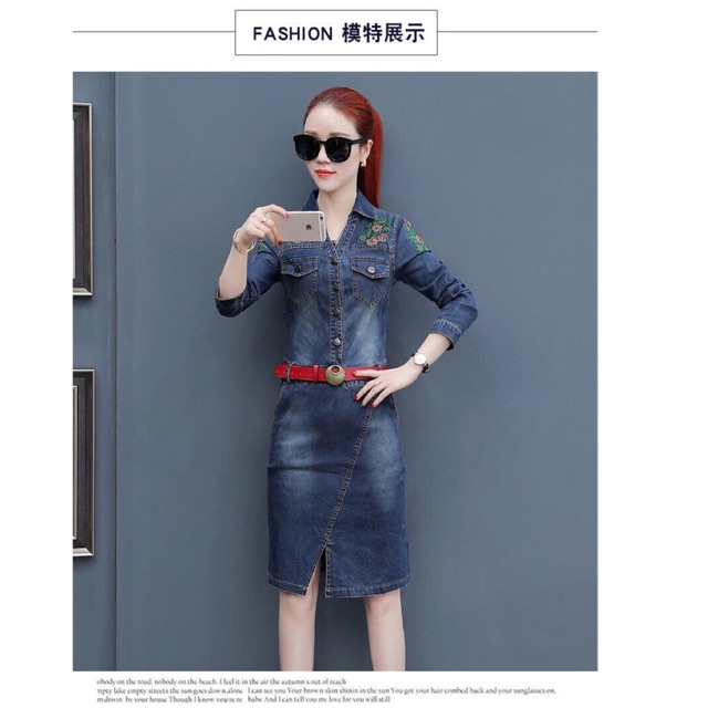 HÀNG NHẬP - ĐẦM JEAN THÊU HOA KÈM NỊT CAO CẤP QC
