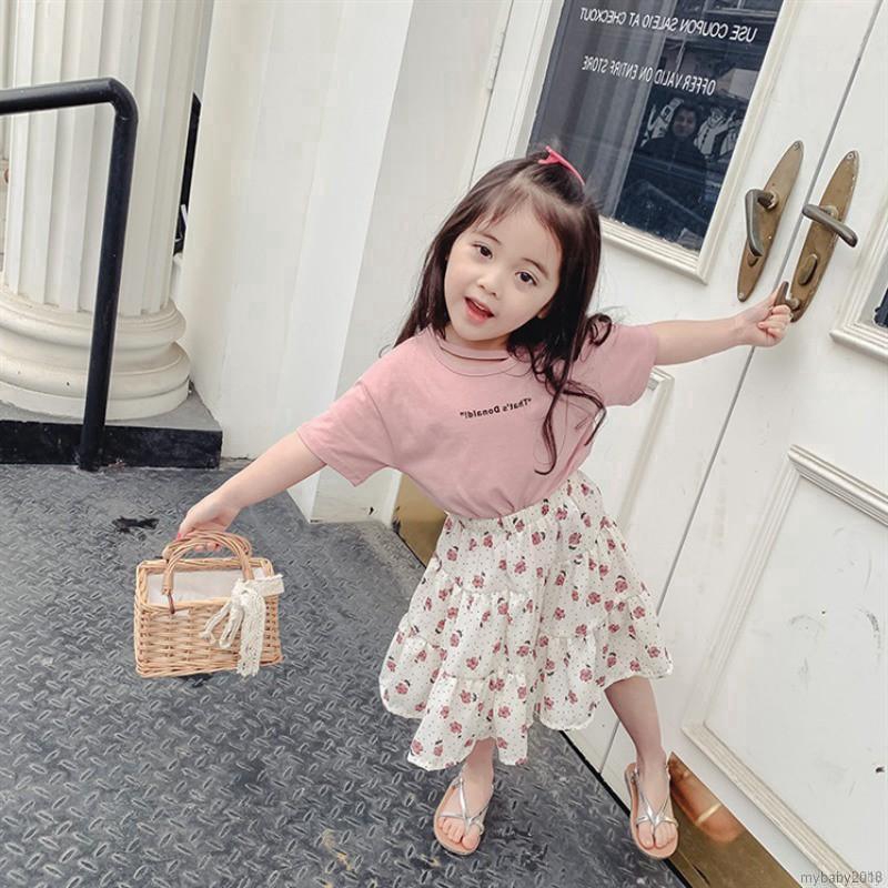 My Baby  Girls Casual Short Sleeve Letter Print T-shirt +Floral Short Skirts Set