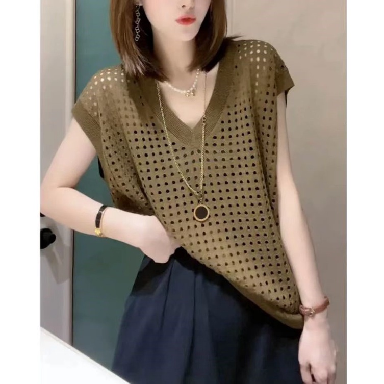Áo len nữ cổ tim chất len lưới lỗ dệt hàng Quảng Châu hot 2022
