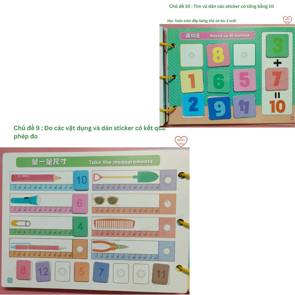 Học liệu bóc dán Montessori toán học , sách bóc dán xanh giúp bé học toán dễ dàng với các stiker dễ thương