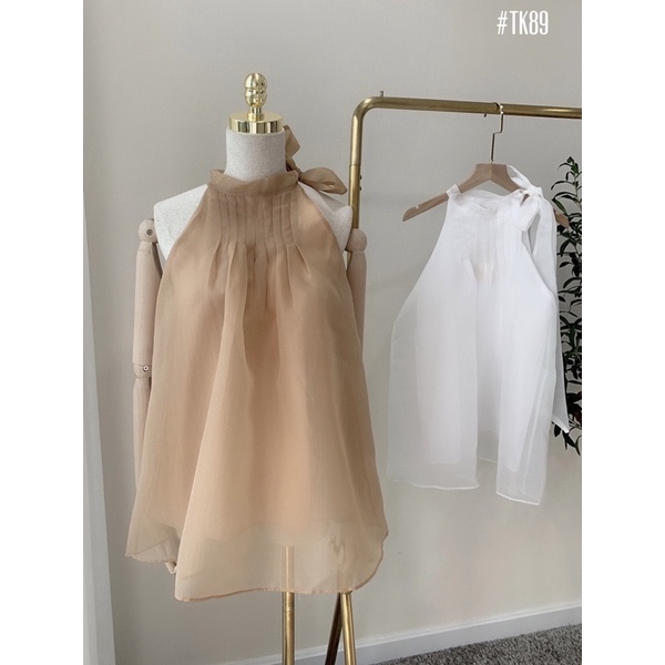 Áo cổ yếm 2 màu trắng nude