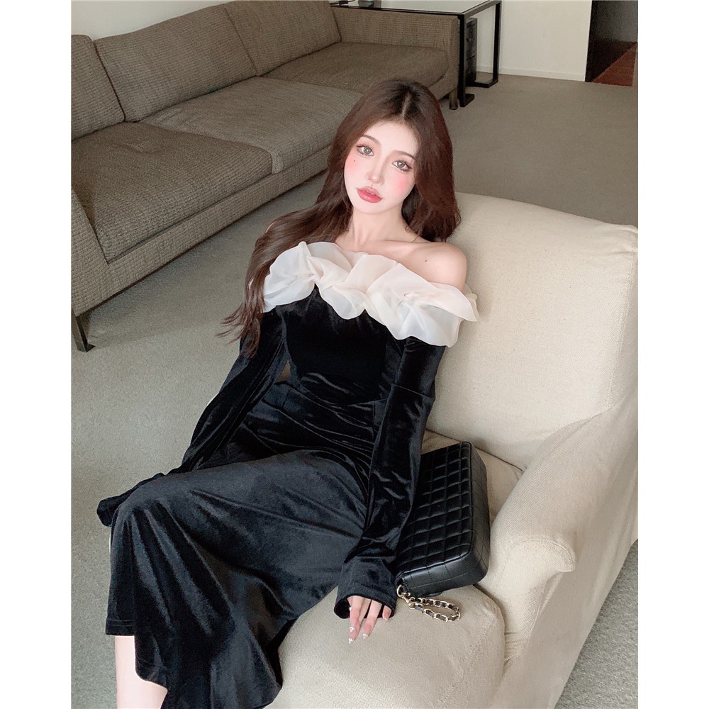 Váy dự tiệc vải nhung trễ vai phong cách sang chảnh tiểu thư hàng Quảng Châu đầu xu hướng thu đông 2021