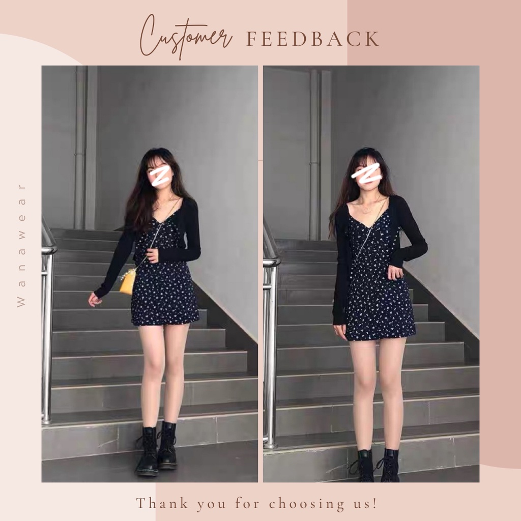 Set Váy 2 dây hoa nhí Áo len cardigan đen WANAWEAR đầm ngắn xinh xắn dáng chữ A