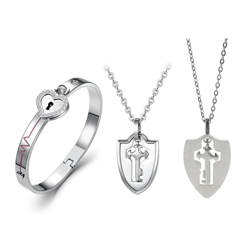 Bộ Vòng Tay + Mặt Vòng cổ Bằng Thép Titan Hình Mảnh Ghép Trái Tim Ổ Khóa / Chìa Khóa Cho Cặp Đô