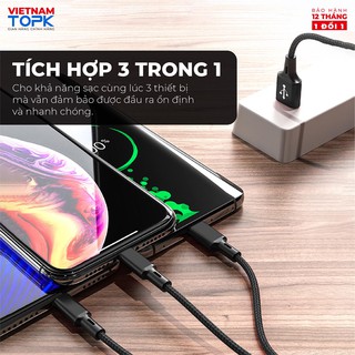 Dây sạc 3 đầu (IP,Type-C,Micro) dùng cho ĐT TOPK AN20 Vỏ bện nylon dài 1.2m-Hàng phân phối