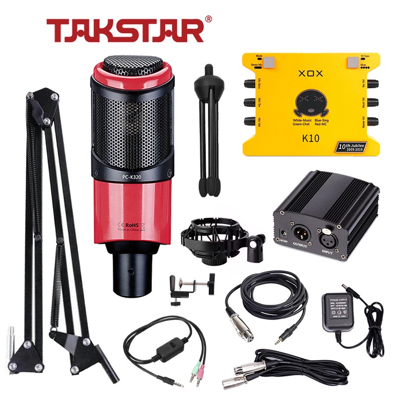 Bộ Mic Livestream Hát Karaoke Chính Hãng Giá Rẻ Đầy Đủ Mic Takstar PC-K320, Sound Card XOX K10, Nguồn 48V & Phụ Kiện