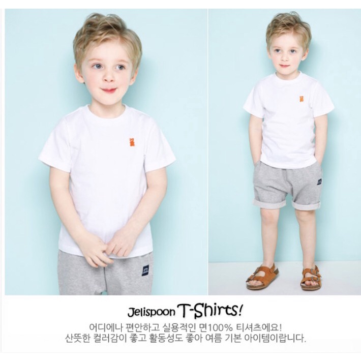 Áo cotton trơn bé trai bé gái thêu ngực gấu Jelis. HA2064