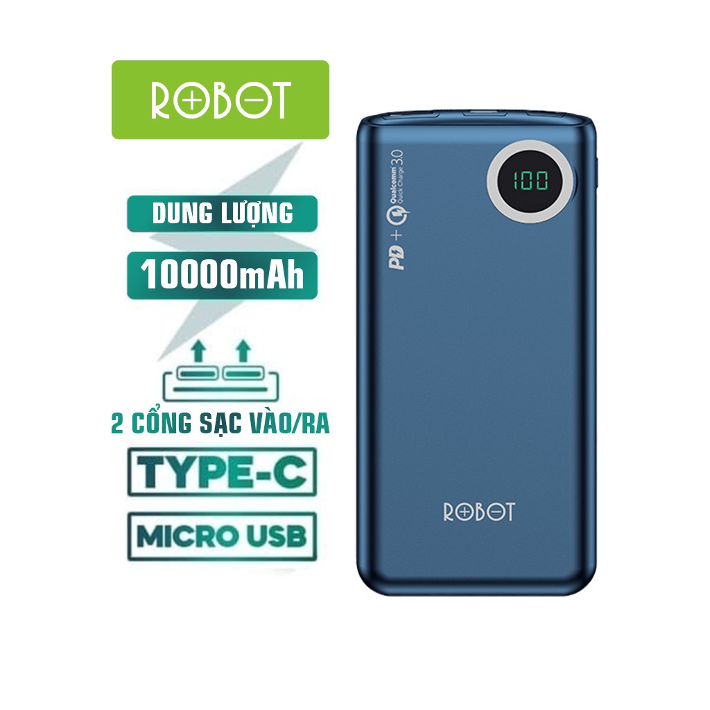 [Mã ELRVA30K giảm 7% đơn 99K] Pin Sạc Dự Phòng 10.000mAh ROBOT RT100Q Chuẩn Sạc Nhanh PD/QC 3.0 18W Đèn LED Hiện Mức PIN