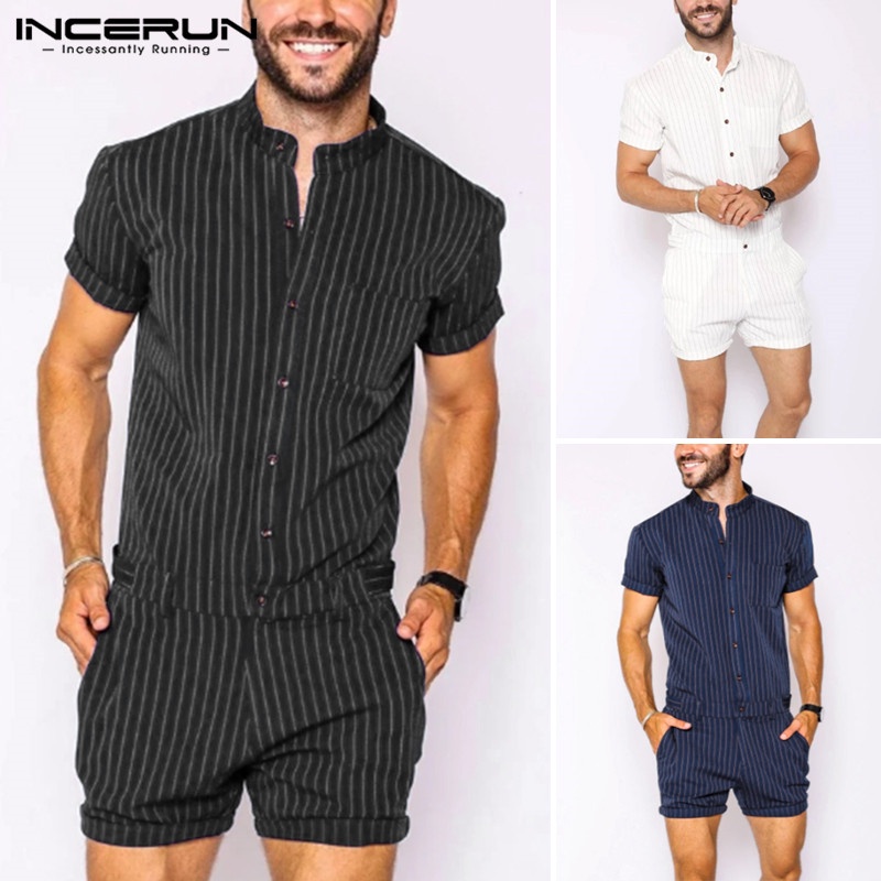 Áo liền quần Ngắn Tay Kẻ Sọc Phối Nút Cá Tính Dành Cho Nam