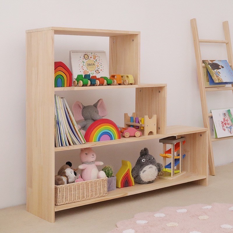 Kệ tủ đựng đồ chơi, sách vở cho bé bằng gỗ thông tự nhiên/ Giá sách Montessori bậc thang dạng lắp ráp