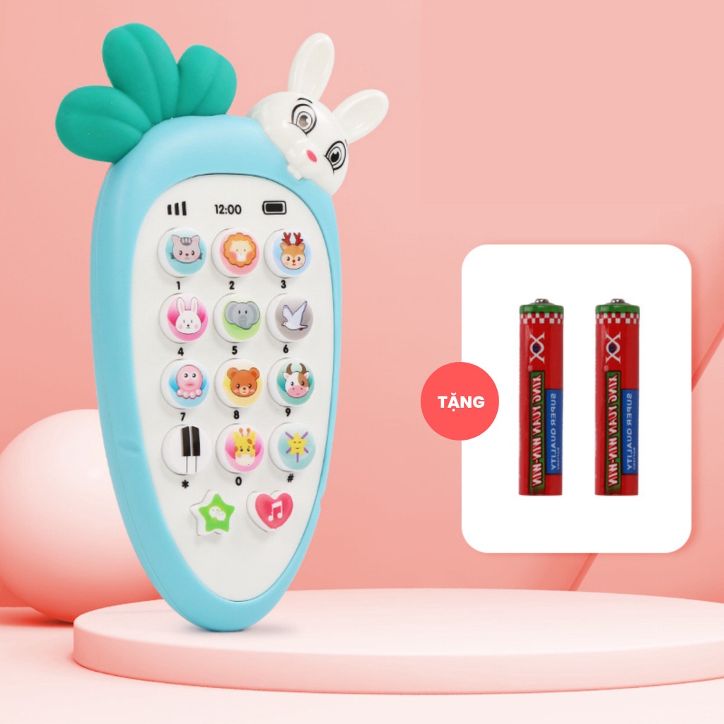 Điện thoại thỏ cà rốt cho bé, có nhạc và đèn kèm dây đeo và 3 pin AAA, có nhiều màu sắc cho bé lựa chọn Moziostore