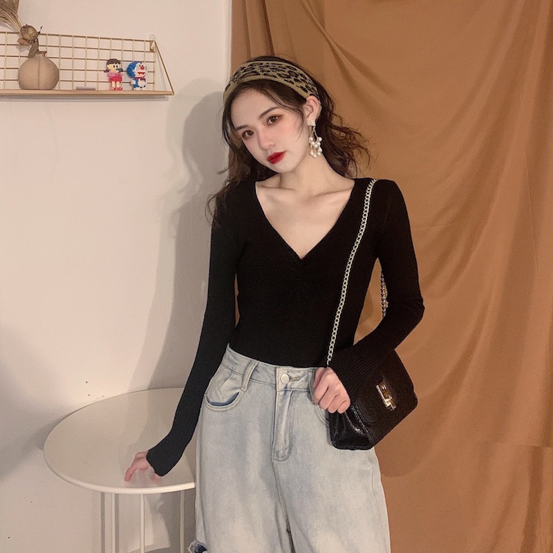 Áo Sweater Tay Dài Cổ Chữ V Form Ôm Phong Cách Hàn Quốc Dễ Phối Đồ Với 8 Màu Lựa Chọn | BigBuy360 - bigbuy360.vn
