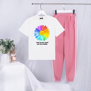 Sét Bộ Đồ Nữ Mặc Đi Chơi, Dự Tiệc Mùa Hè, Áo Phông Cotton Mát Mịn In Hoa Nhiều Màu+Quần Sọc Thun Phong Cách Hàn Quốc