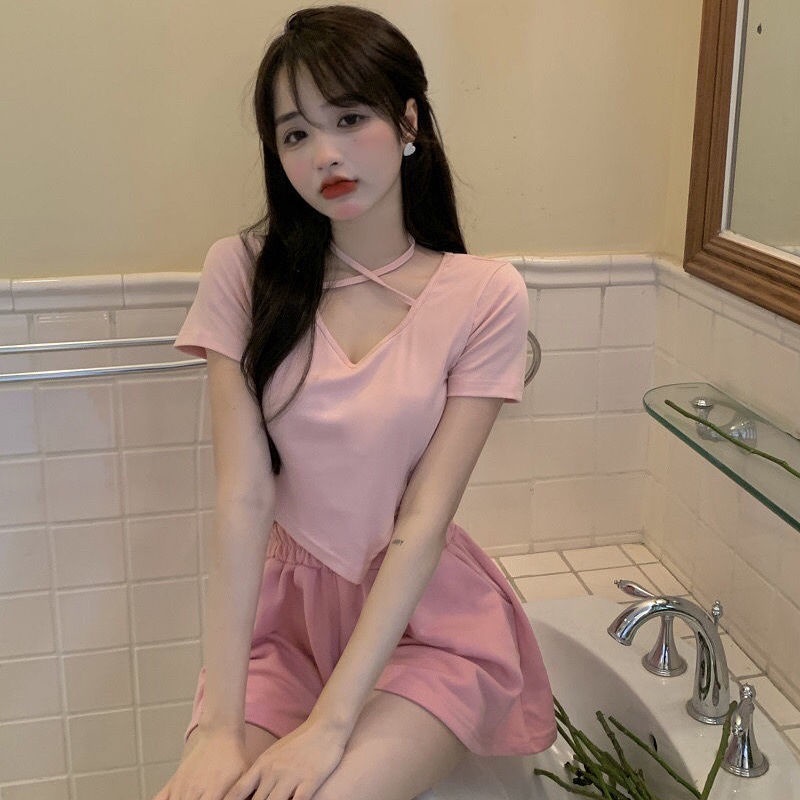Bộ Áo Thun Hồng + Quần Short Dáng Ôm Thời Trang Mùa Hè Mới Cho Nữ