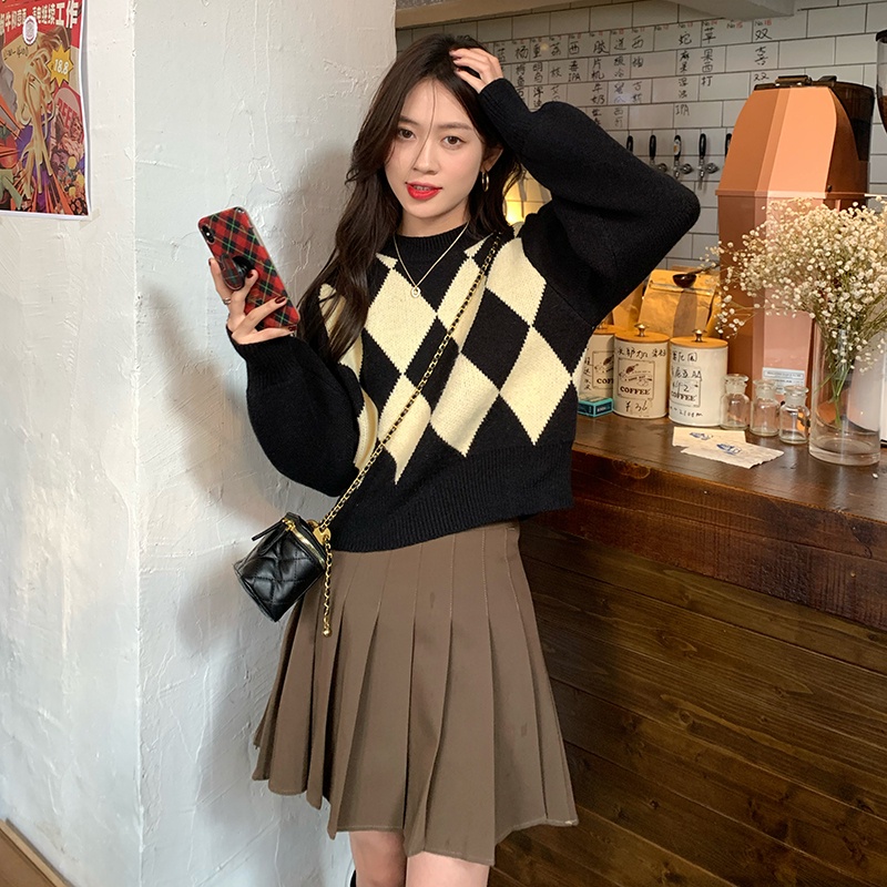 【Hana and Alice】Đầm Dệt Kim Tay Dài Cổ Tròn Lưng Cao Đính Đá Kiểu Preppy Dễ Thương