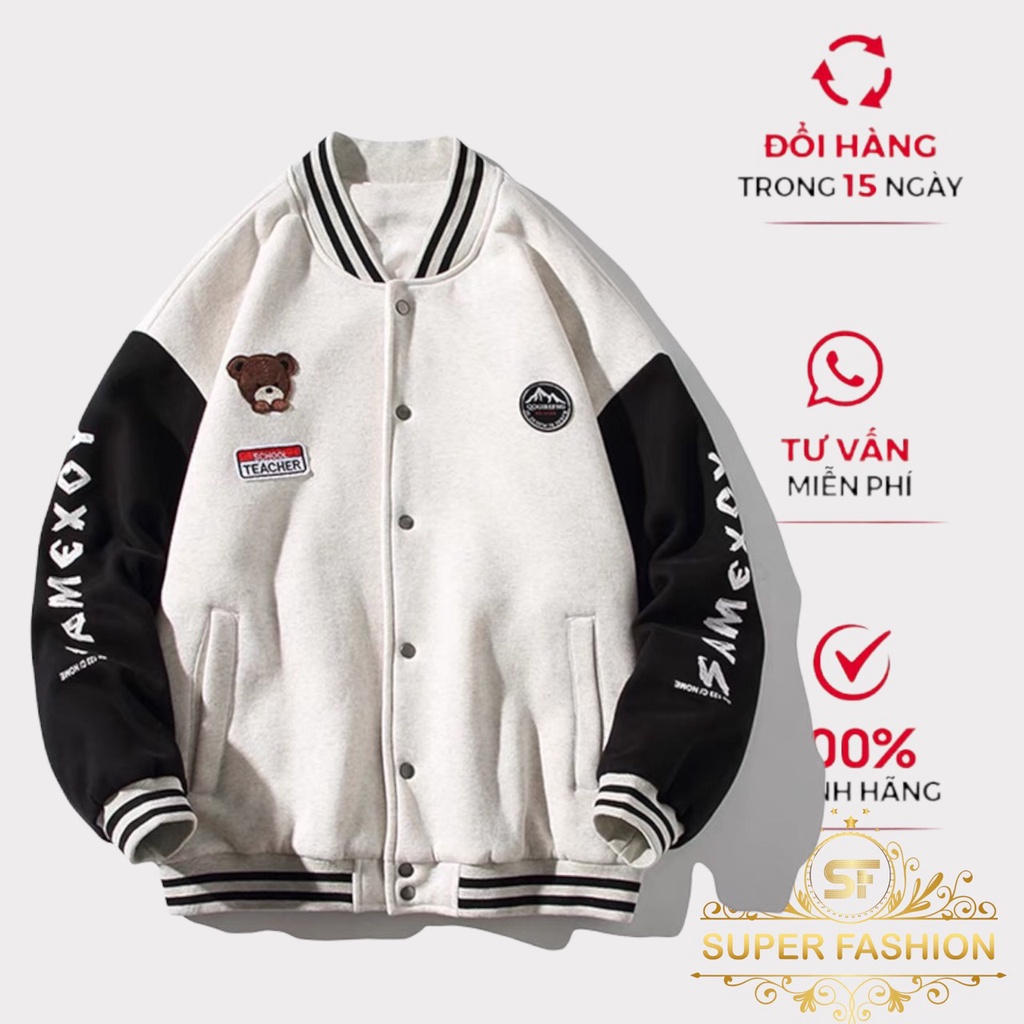 Áo Khoác Nỉ Ngoại Nam Kiểu Dáng Bomber Thiêu Họa Tiết Gấu Thời Trang Super Fashion