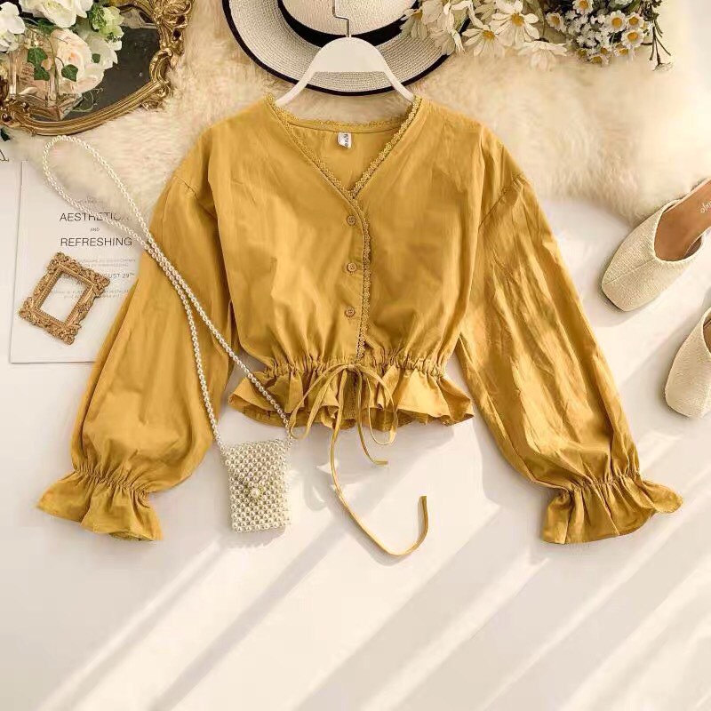 [Mã FAMAYWA giảm 10K đơn 50K] áo nữ tay dài ống loe kiểu cổ V viền dây cột eo kèm ảnh thật cuối | BigBuy360 - bigbuy360.vn