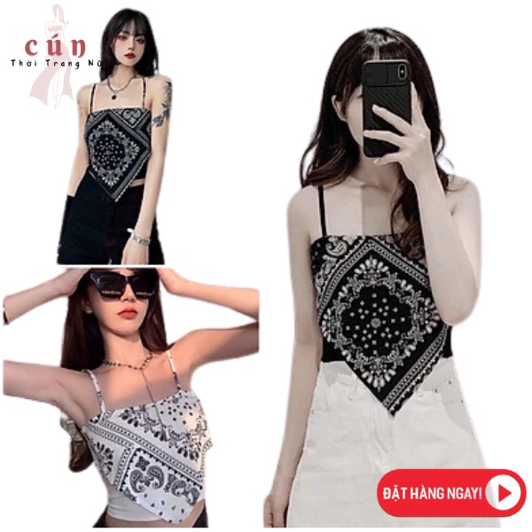 Áo yếm 2 dây dáng ngắn croptop in họa tiết trẻ trung cá tính/ Áo kiểu nữ khăn lụa thời trang hàn quốc