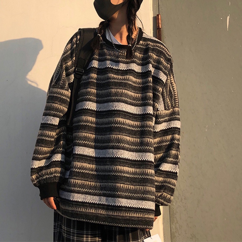 Áo Sweater Dệt Kim Tay Dài Kẻ Sọc Kiểu Harajuku Nhật Bản Cá Tính Cho Nam Và Nữ