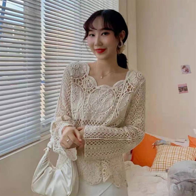 Brroa Áo Thun Dệt Kim Tròng Đầu Dáng Rộng Tay Dài Khoét Lỗ Hình Học Rỗng Đi Biển Cho Nữ
