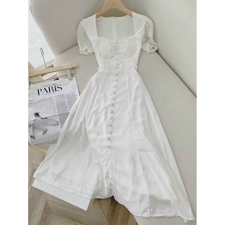Đầm váy freesize trắng nút bọc xẻ tà