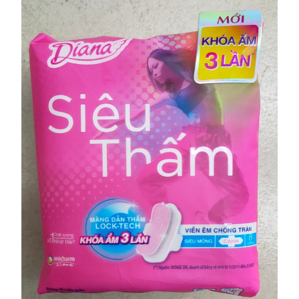 Băng vệ sinh Diana siêu thấm siêu mỏng cánh - Khoá ẩm 3 lần (8 miếng/gói)