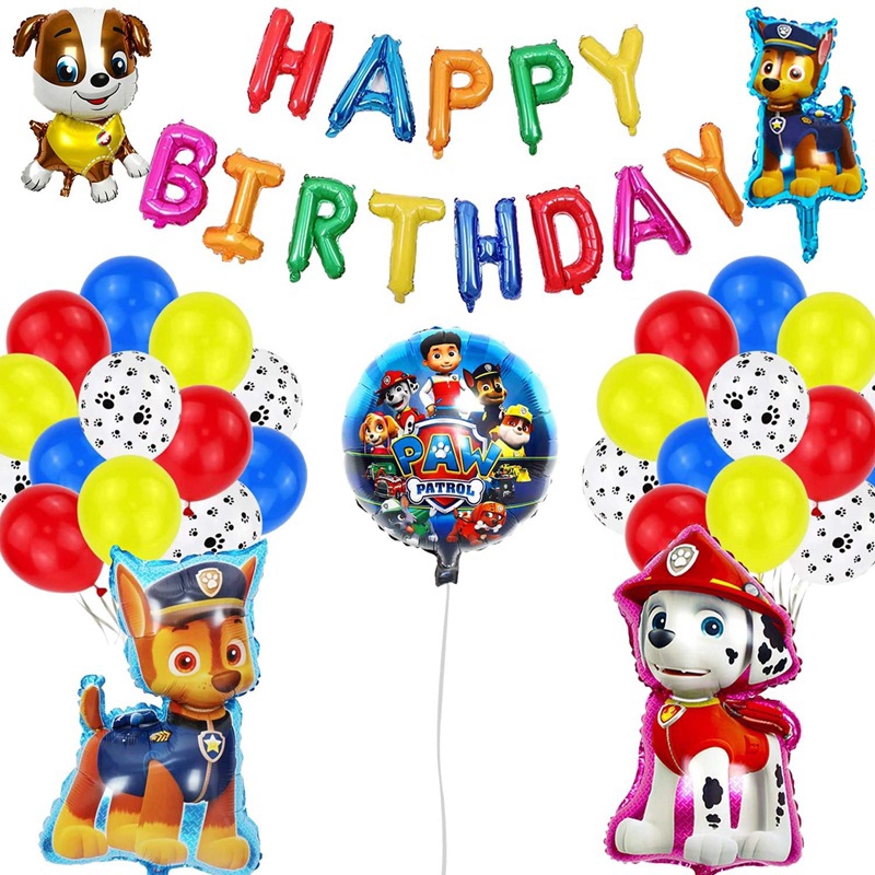 Set 50 bong bóng trang trí tiệc sinh nhật họa tiết chữ cái và những chú chó cứu hộ hoạt hình dễ thương