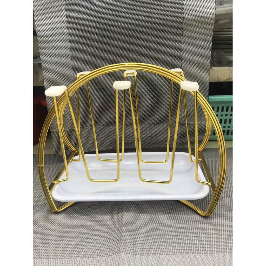 Khay úp 6 cốc hình bán nguyệt có đế hứng nước mạ vàng/nâu/trắng