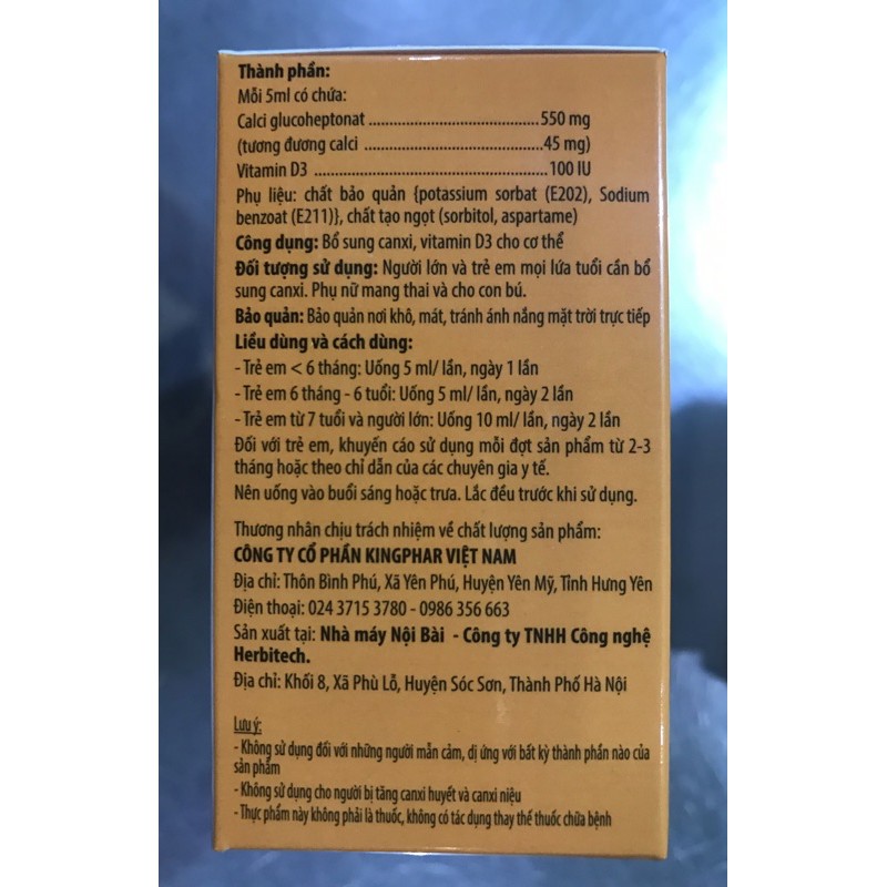 Siro CANXI D3 Vitamin  Kingphar Hộp 20 ống / 5ml  - Bổ Sung Canxi , Vitamin D3 cho cơ thể