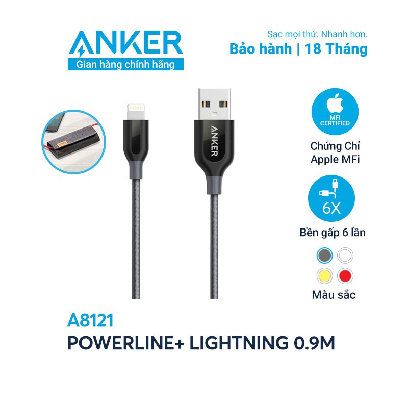 [Có bao da] Cáp sạc ANKER PowerLine+ Lightning Dài 0.9m - A8121