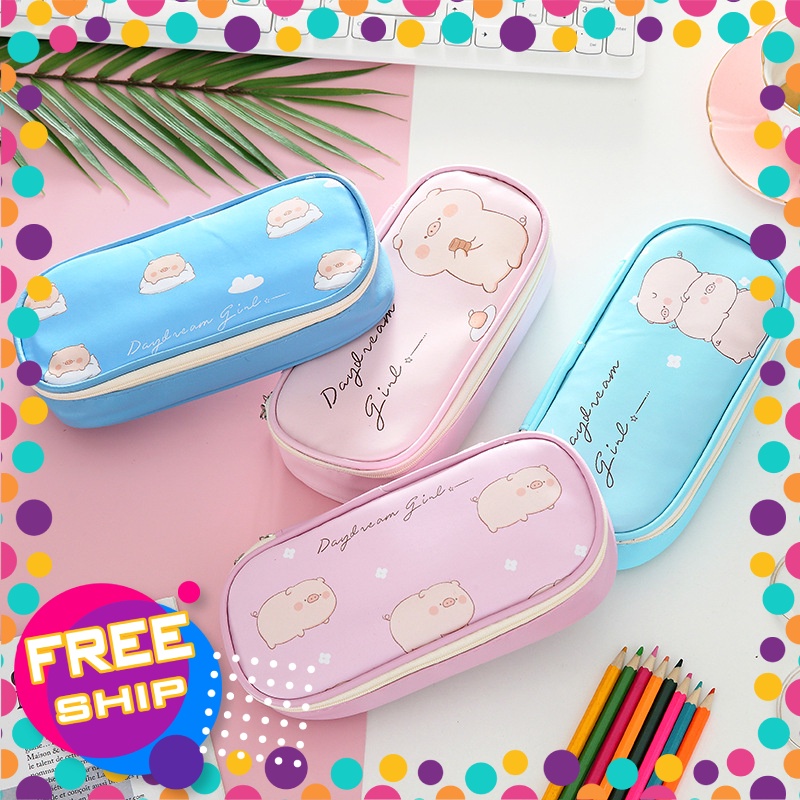 Bóp viết nhựa dẻo Pink Pig cỡ lớn nhiều ngăn siêu dễ thương