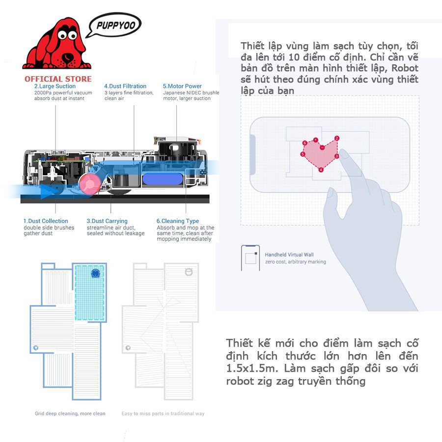 Robot Hút Bụi PUPPYOO R6-Home công nghệ Anti Drop chống rơi vượt chướng ngại vật hút thảm hiệu quả