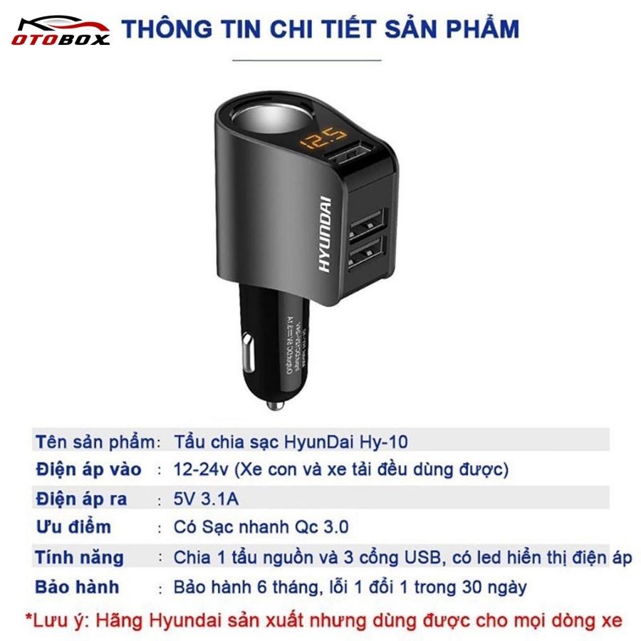 Sạc điện thoại Hyundai QC3.1 gắn trên ô tô chính hãng OTOBOX, tẩu sạc nhanh oto 3 cổng usb, có đèn leb báo điện áp