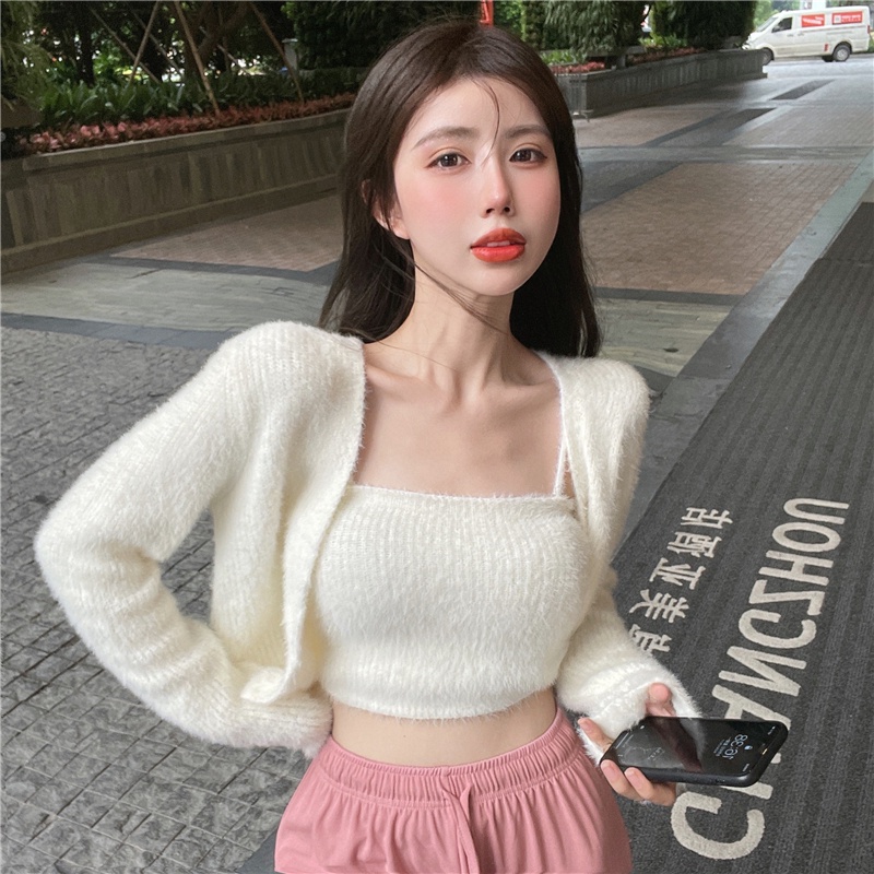 QKOOLE  Set áo khoác cardigan ngắn + áo sát nách phong cách Hàn Quốc cho nữ