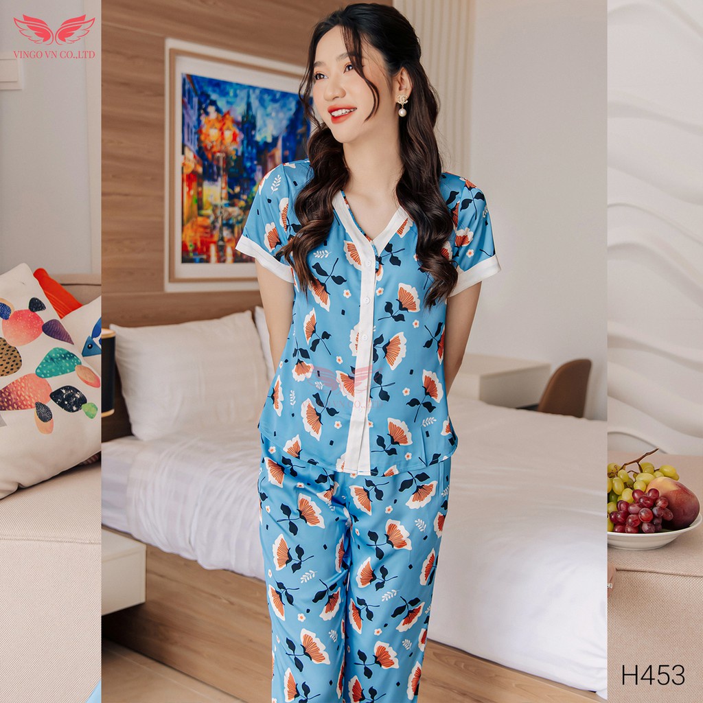 Đồ Bộ Ngủ Nữ Pijama Mặc Nhà VINGO Lụa Pháp Cao Cấp Tay Cộc Quần Dài Cổ Cách Điệu Họa Tiết Hoa Nền Xanh H453 VNGO