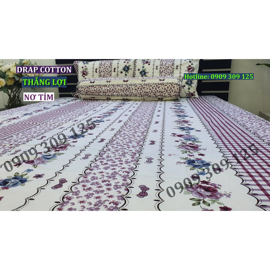 bộ drap (4 món) cotton Thắng Lợi, ga giường chính hãng, nơ tím (ảnh thật)