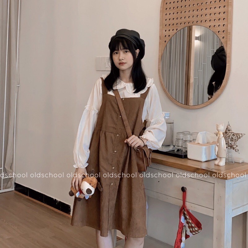 [Ảnh thật] Set yếm nâu babydoll chất nhung tăm kèm áo cổ bèo tiểu thư ulzzang